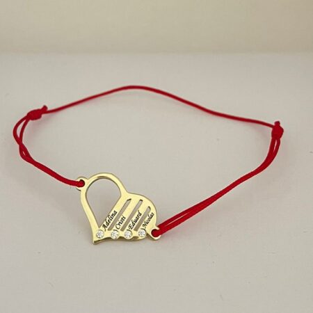Brățară inimă personalizată cu 4 nume și 4 zirconii aur 14k