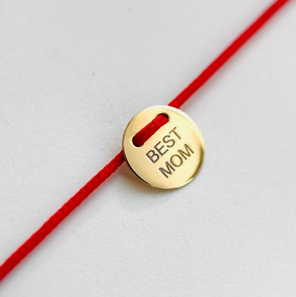 Brățară cu șnur și bănuț BEST MOM din aur 14k