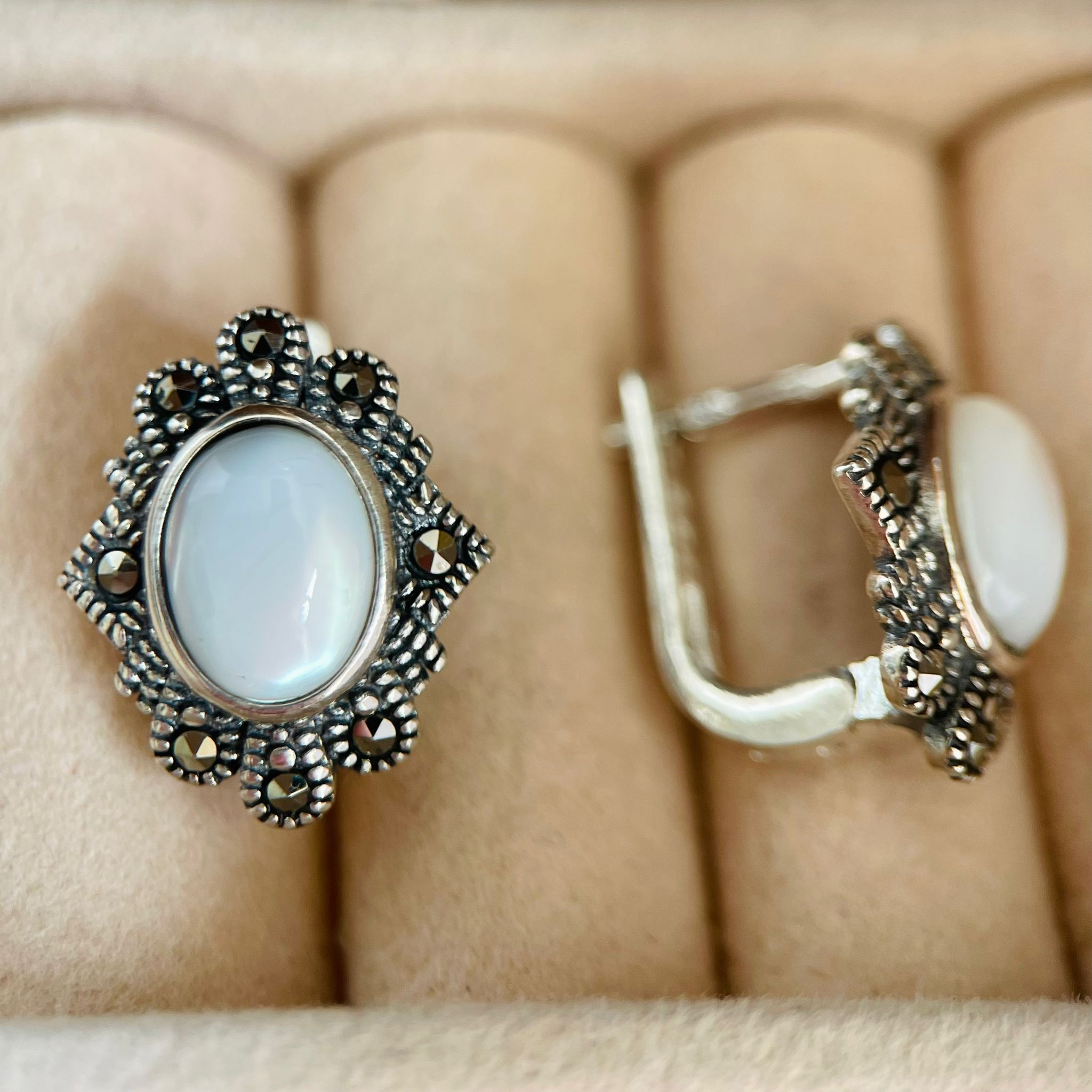 Cercei din argint cu marcasite si sidef C448D - imagine 2