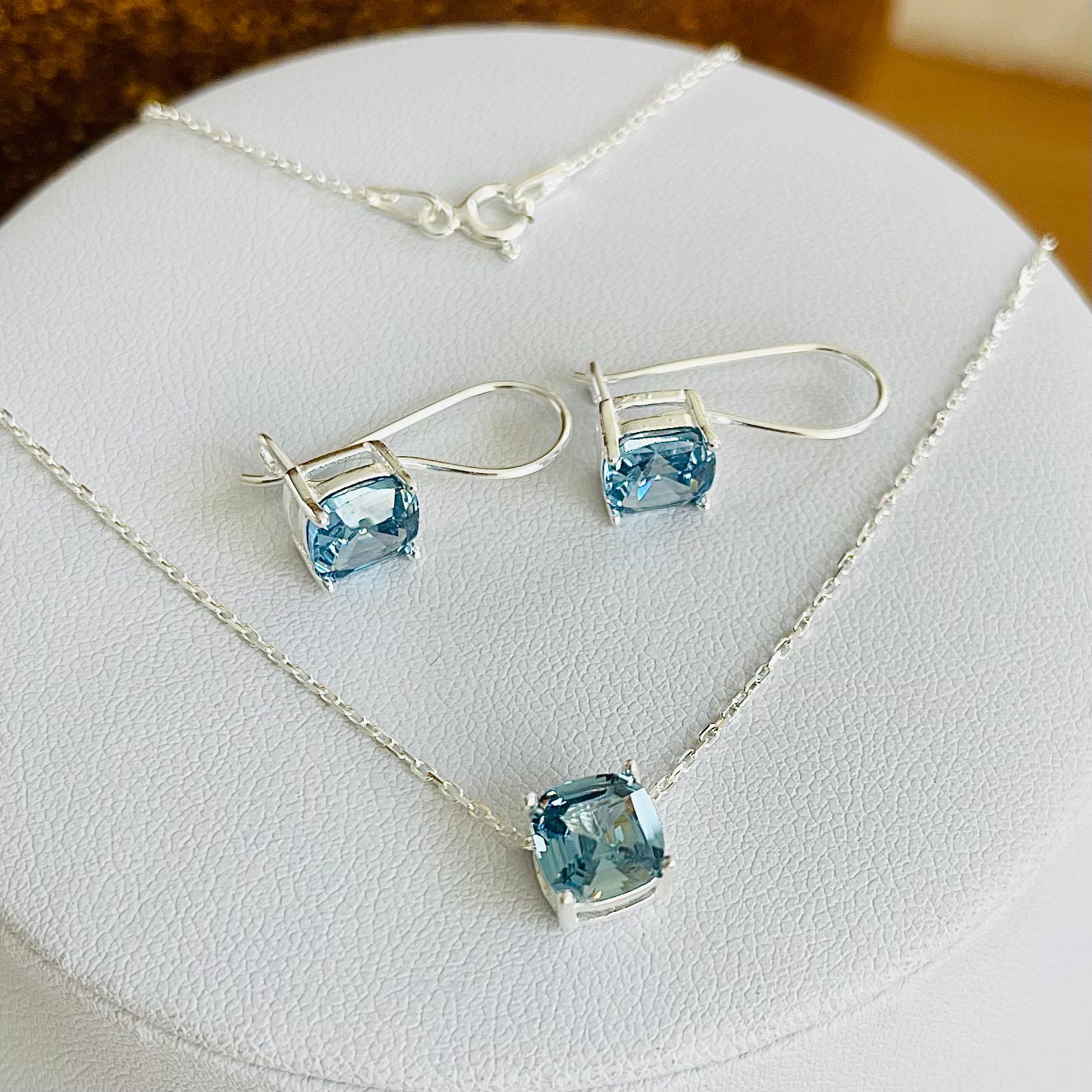 Set argint colier si cercei cu cristale Aquamarine S479C