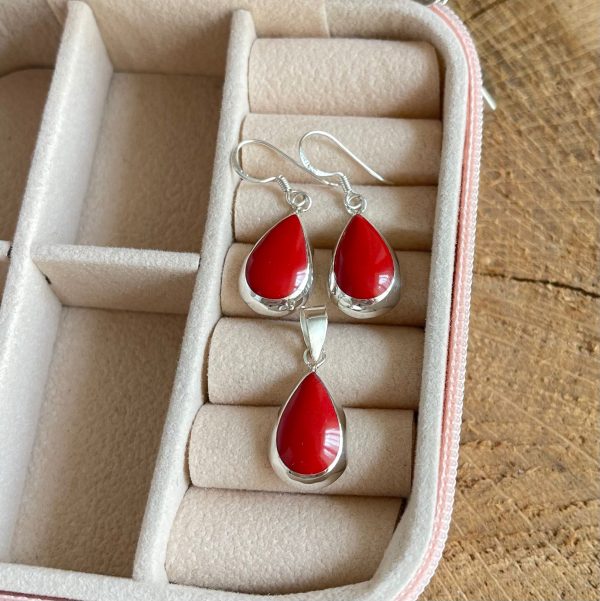 Set din argint cercei si pandativ coral S149C